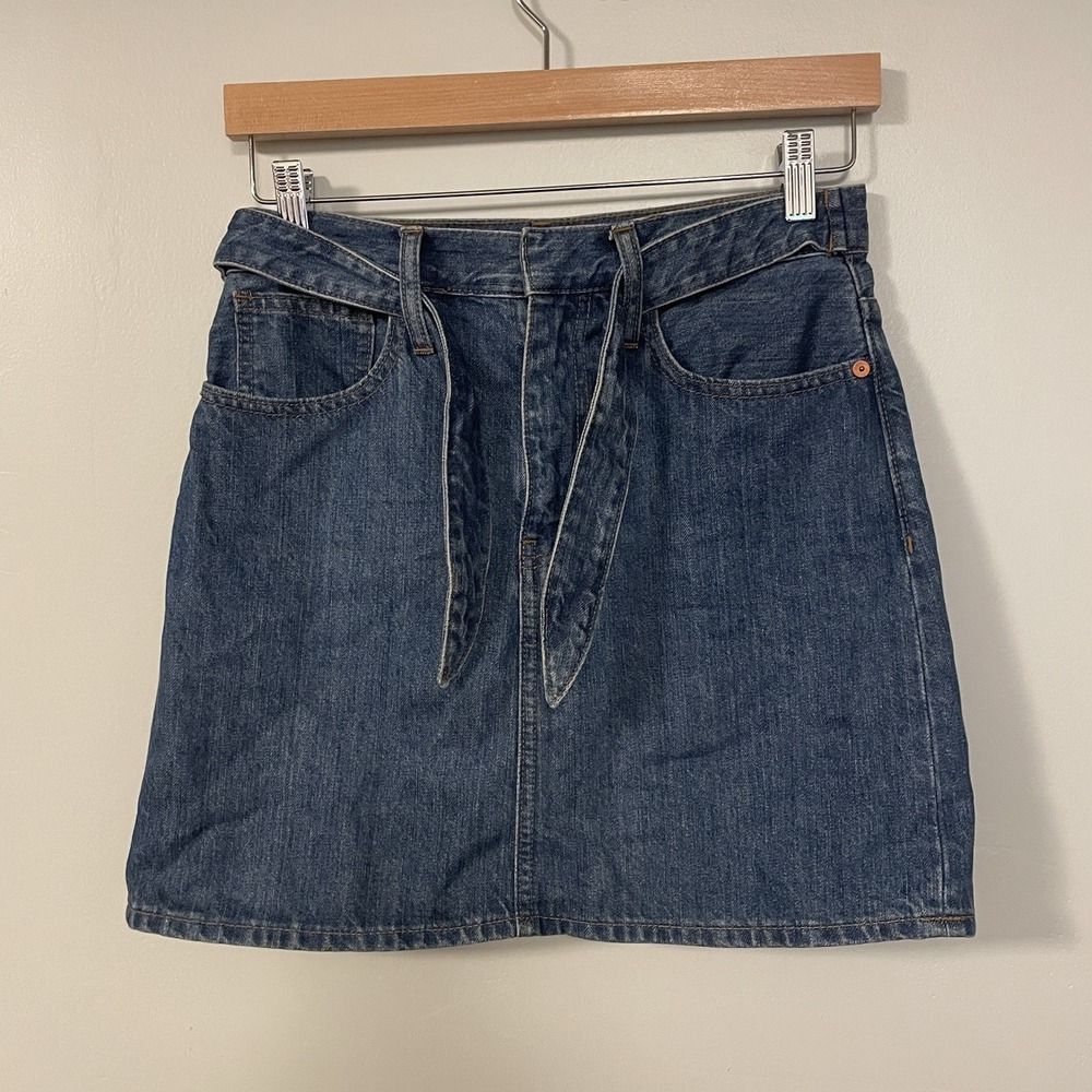 Madewell Women's Size 25 Rigid Straight‎ Denim Blue Tie Belt Skirt Preppy, Boho